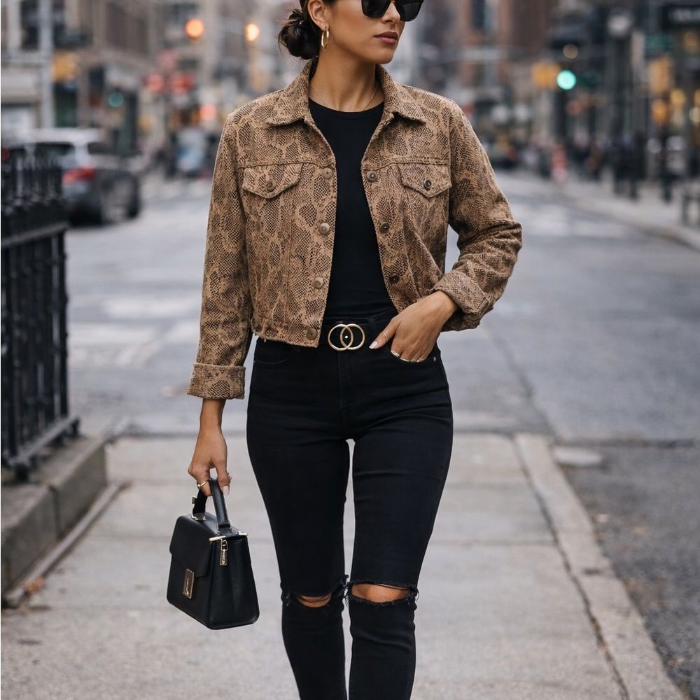 Snakeskin Cropped Jacket Y2K Petite 12P Faux Leather Look - Picture 3 of 8